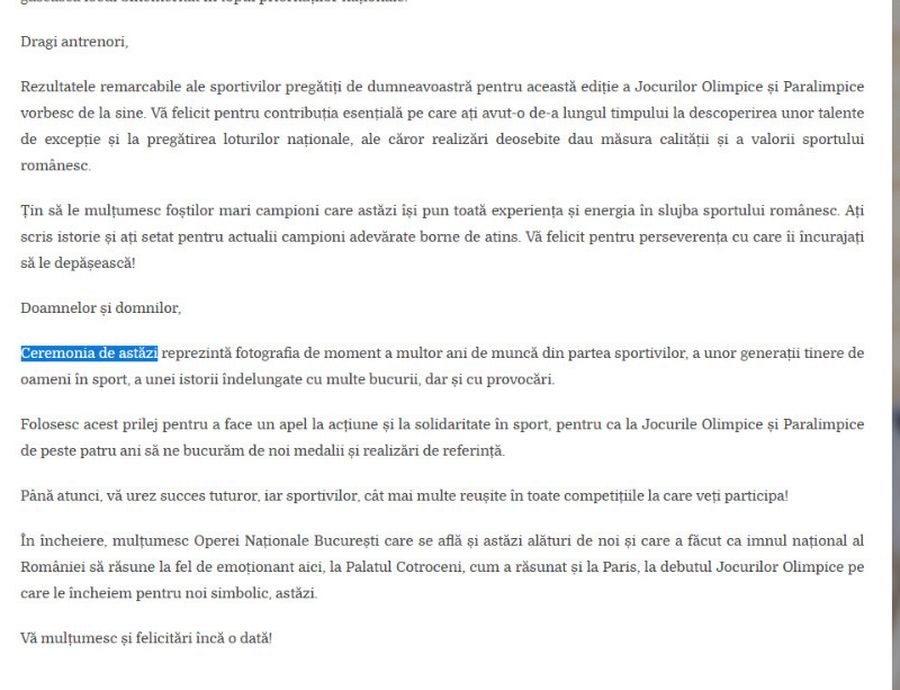 Gafă INCREDIBILĂ a președintelui Klaus Iohannis la ceremonia de decorare a sportivilor medaliați la Jocurile Olimpice și Paralimpice de la Paris! A citit greșit de pe foaie