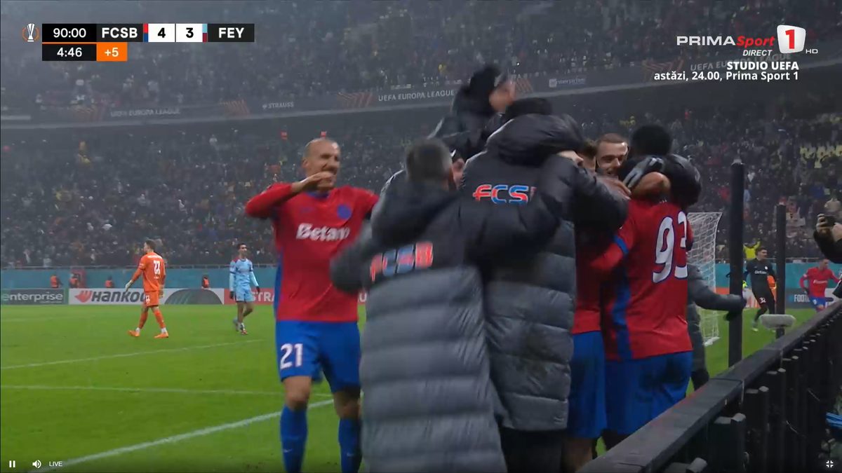 Bucurie dezănțuită la golul de 4-3 în FCSB - Feyenoord