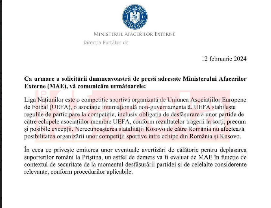 Ministerul Afacerilor Externe, poziție despre meciul România - Kosovo » Răspuns oficial pentru GSP: „Un astfel de demers va fi evaluat”