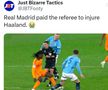 Involuntar, Clement Turpin l-a incomodat pe Haaland în timpul unei faze. Glumele au venit imediat: „Real a plătit arbitrul pentru a-l accidenta” :) / Sursă: Facebook@ Troll Premier League