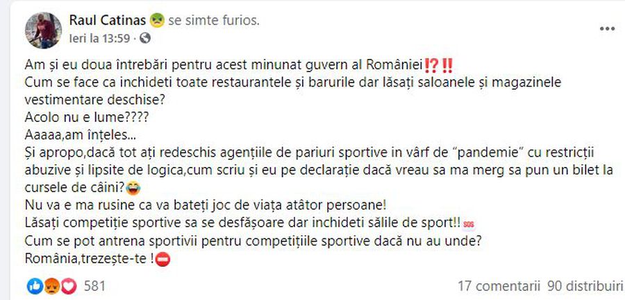 Raul Cătinaș, derapaj suburban pe Facebook: „Lepră împuțită, îți scot vaccinul pe ochi!”