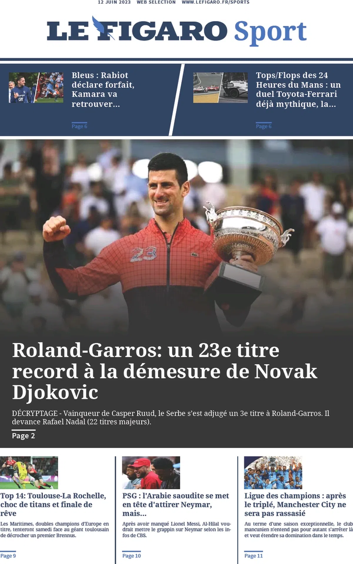 Prima pagină - Novak Djokovic, campion la Roland Garros