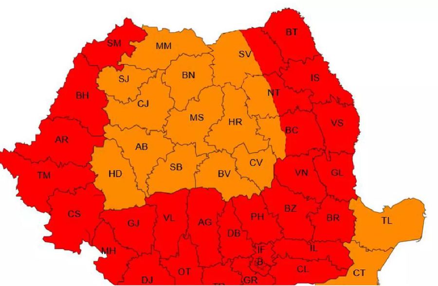 Codurile roșu și portocaliu de caniculă sunt valabile pentru zilele de 13 și 14 iulie. Foto: meteoromania Cod ROȘU în toată România, în weekendul în care se reia Superliga » Apelul lui Raed Arafat: „Nu lăsați oamenii să intre în stadioane!”