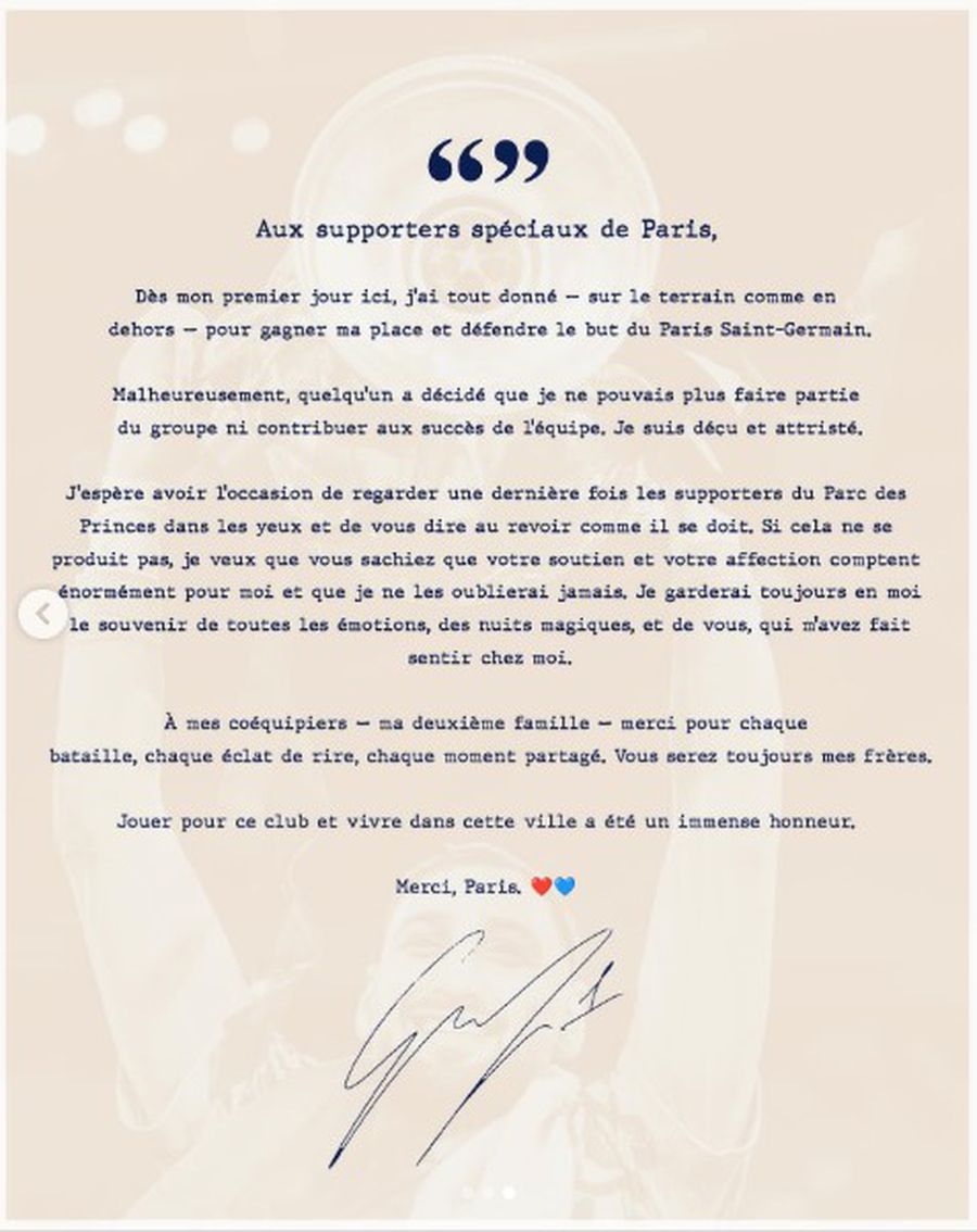 Scrisoarea de adio în limba franceză publicată de Gianluigi Donnarumma / Foto: Instagram donnarumma Scrisoare de adio a lui Donnarumma pentru fanii lui PSG » „Cineva a hotărât că nu mai pot face parte din grup!”