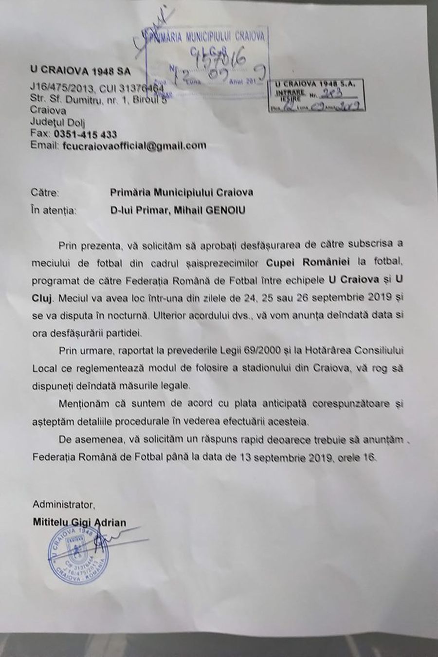 CUPA ROMÂNIEI // Adrian Mititelu, euforic după tragerea la sorți: „Meci de tradiție, vrem pe «Ion Oblemenco!»”/ Șefii lui CS U Craiova i-au dat replica: „Ai liber! Să vedem câți suporteri strânge echipa ta”