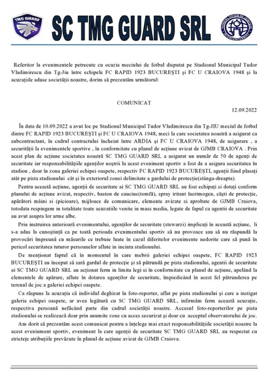 Firma de pază de la FCU Craiova - Rapid, răspuns pentru GSP după scandalul de la Tg. Jiu