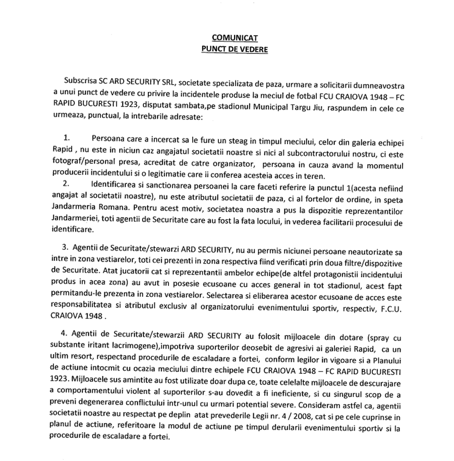 Firma de pază de la FCU Craiova - Rapid, răspuns pentru GSP după scandalul de la Tg. Jiu