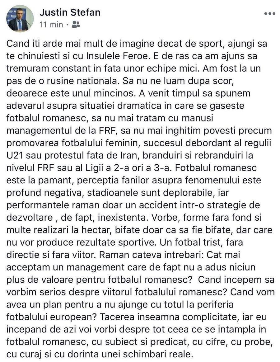 FEROE - ROMÂNIA 0-3 // Justin Ștefan, secretarul LPF, dezlănțuit: „E de râs! Am fost la un pas de o rușine națională!” + Trece la amenințări: „Voi veni cu probe”