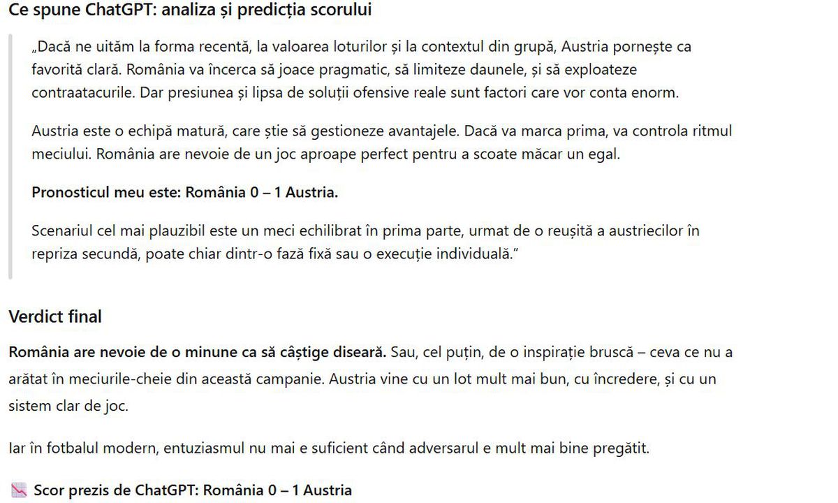 Chat GPT despre scorul așteptat în România - Austria și o idee despre Mircea Lucescu: „Nu vârsta e problema lui”