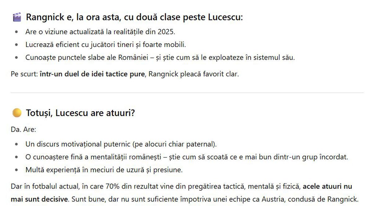 Chat GPT despre scorul așteptat în România - Austria și o idee despre Mircea Lucescu: „Nu vârsta e problema lui”