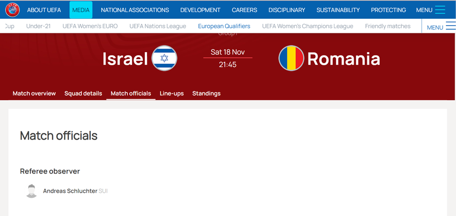 UEFA l-a delegat pe Andreas Schluchter din Elveția ca observator de arbitri la meciul Israel - România Delegare controversată la meciul Israel - România » Pentru cine trage UEFA sforile