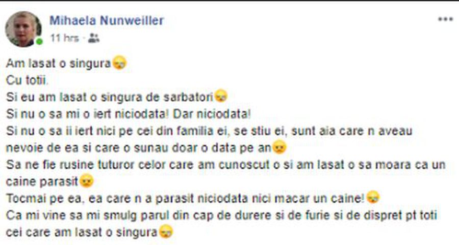 Mihaela Nunweiller, mesaj cutremurător pe Facebook după moartea Cristinei Țopescu: „Cu toții am lăsat-o singură! Nu-i iert nici pe cei din familia ei”