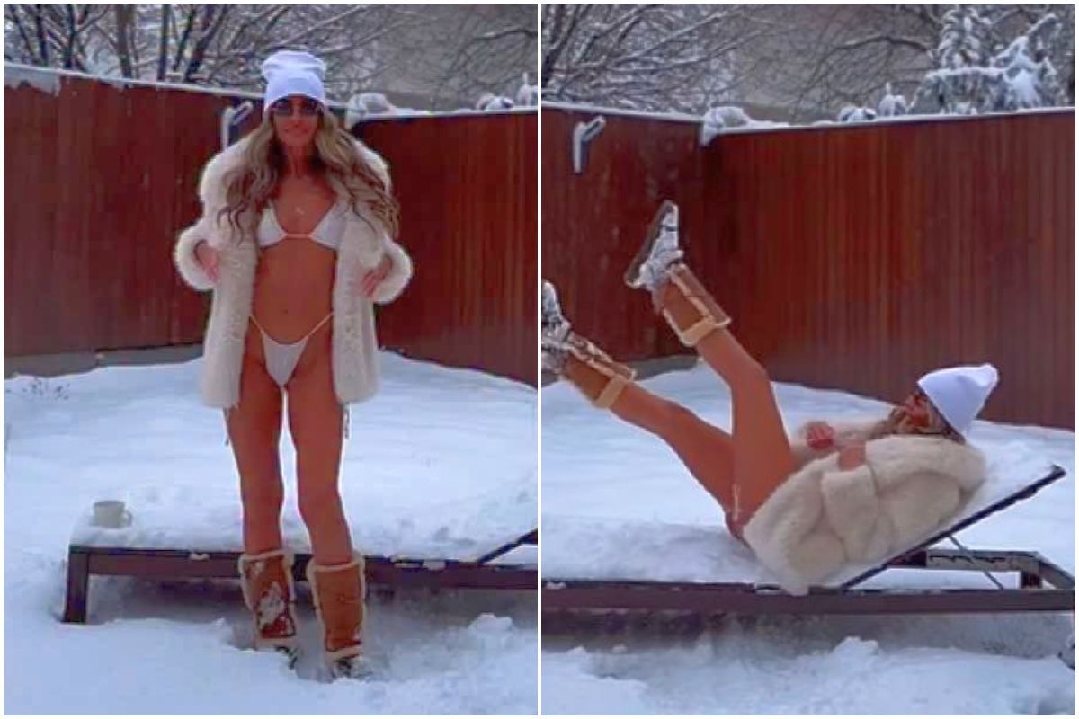 La 47 de ani, mama juniorului din Superligă a rămas în costum de baie și s-a tolănit pe șezlongul acoperit de zăpadă: „Ce zice băiatul tău?”