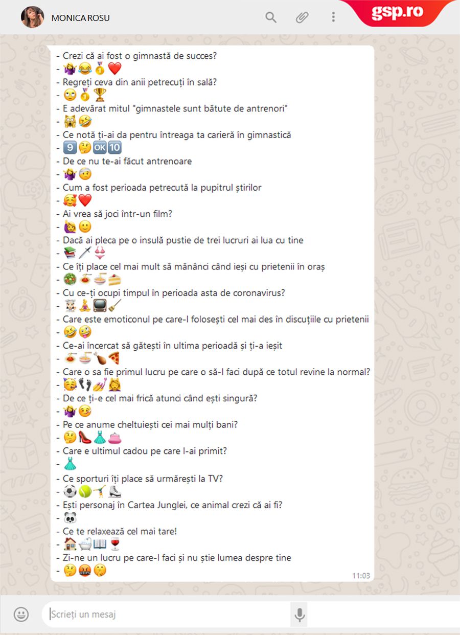 WhatsApp Q&A » Monica Roșu intră în provocarea GSP: cum răspunde cu un emoticon la întrebări inedite