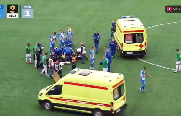 Cea mai brutală ciocnire între fotbaliști într-un meci din Rusia! Două ambulanțe au intrat pe teren, iar jucătorii au fost transportați de urgență la spital