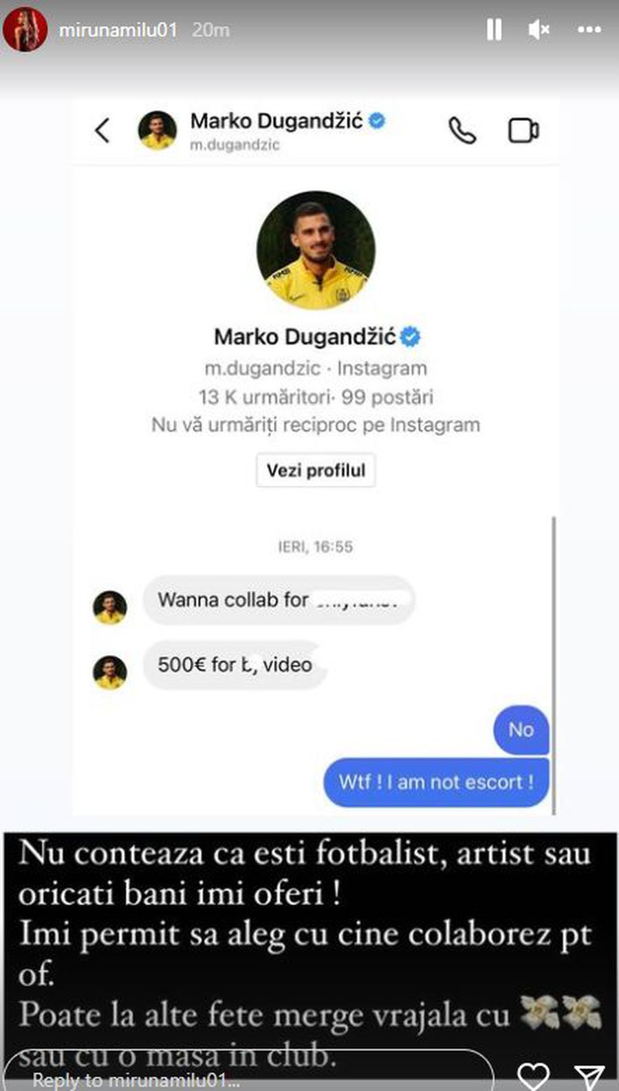 Miruna Milu // foto: Instagram @ EmaKarter Imagine șocantă publicată de un model erotic cu o vedetă de la CFR Cluj: „Sex oral pentru 500€?” » Prima reacție a fotbalistului