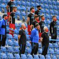 Ei au condus FCSB în Bănie: Ovidiu Petre, analist video, Cătălin Făiniși, ofițer de presă, Marius Popa, antrenor cu portarii, și Adrian Ianuli "Vijelie", responsabil siguranță și ordine FOTO sportpictures.eu