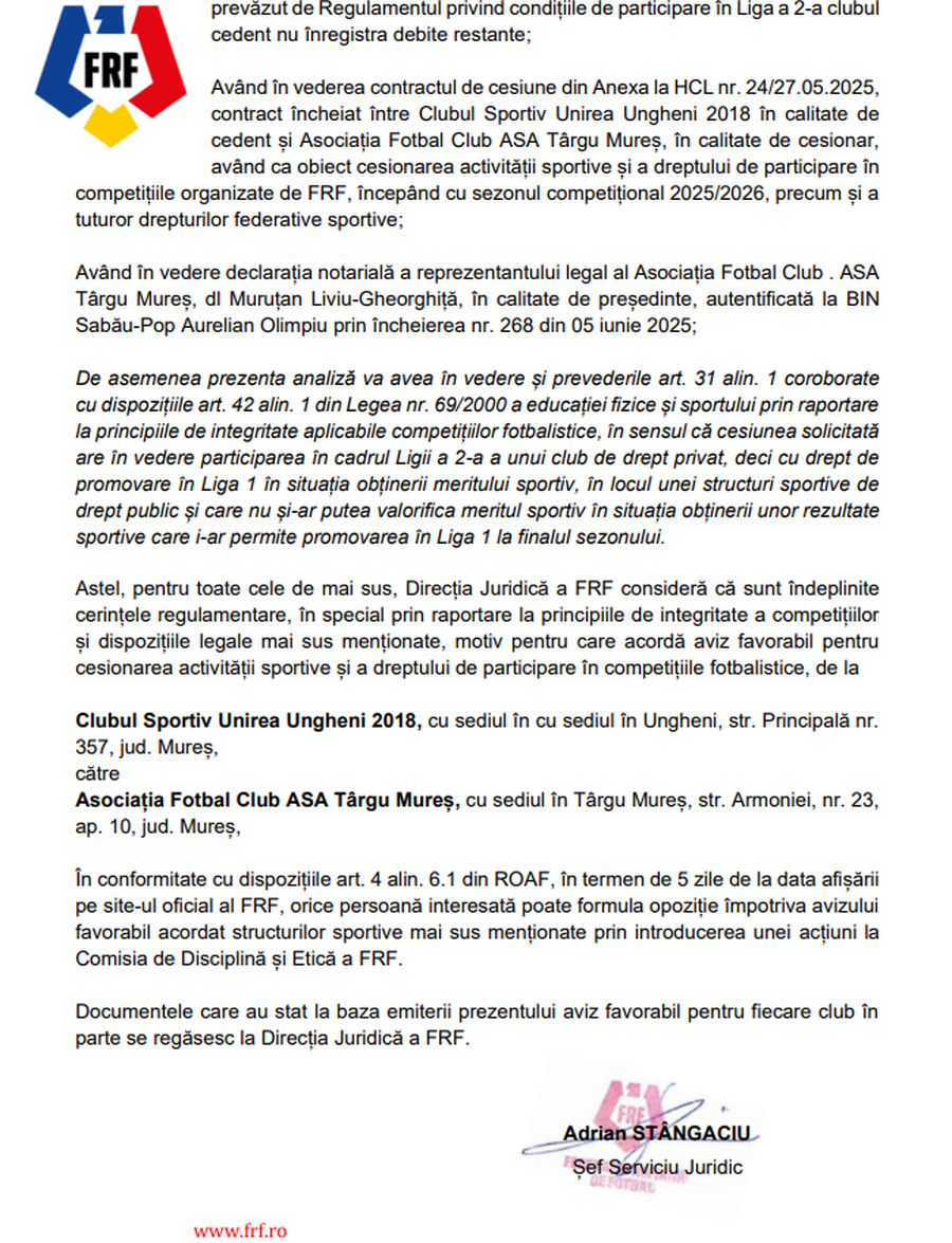 Pagina 2/2 din avizul emis de Direcția Juridică FRF Au deschis șampaniile? FRF, aviz favorabil: încă un hop și sar două eșaloane, direct în Liga 2!
