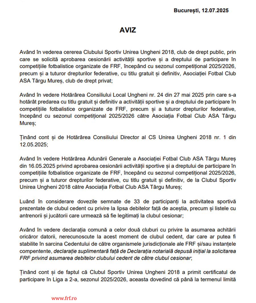 Pagina 1/2 din avizul emis de Direcția Juridică FRF Au deschis șampaniile? FRF, aviz favorabil: încă un hop și sar două eșaloane, direct în Liga 2!