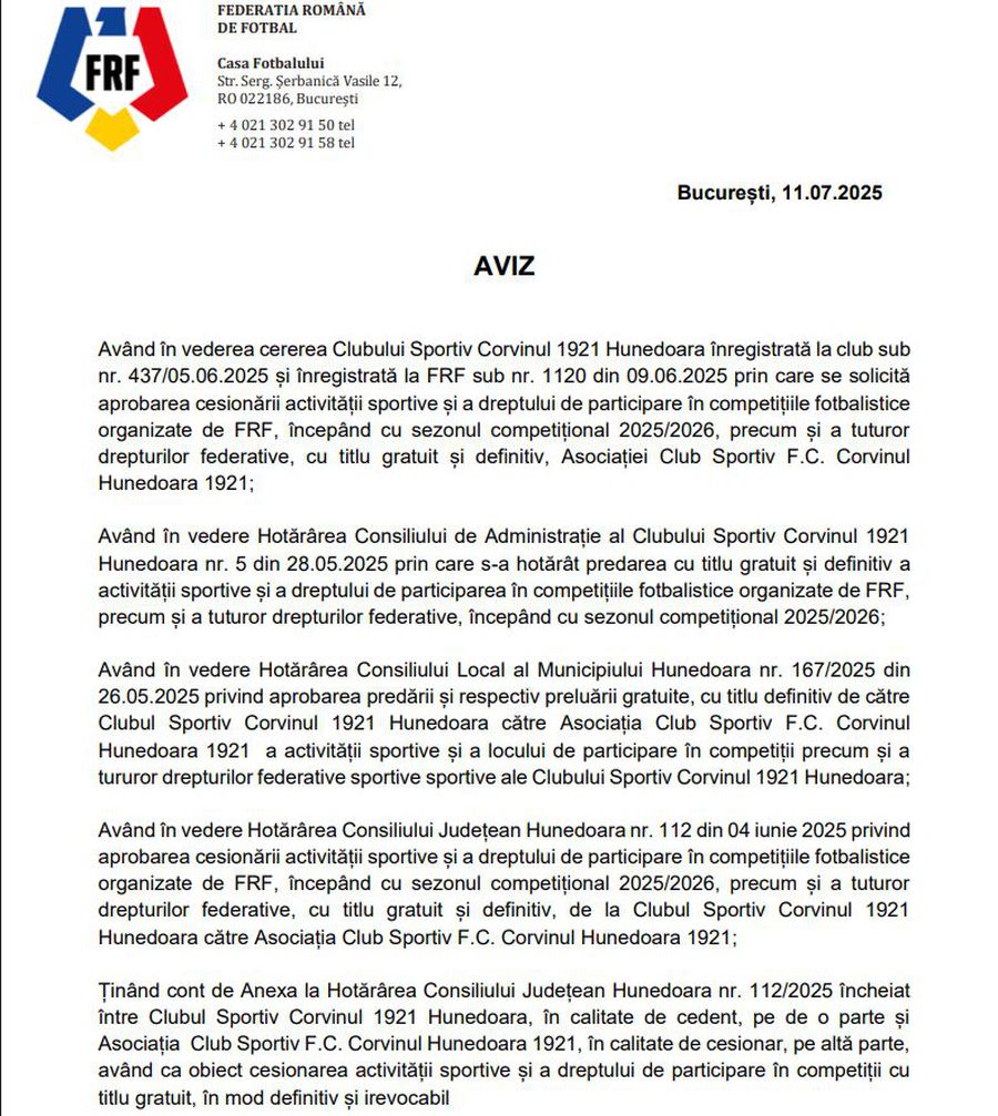 Avizul de promovare primit de Corvinul // foto: FRF Veste excelentă pentru clubul din Liga 2! » Dreptul de promovare în Superliga e tot mai aproape