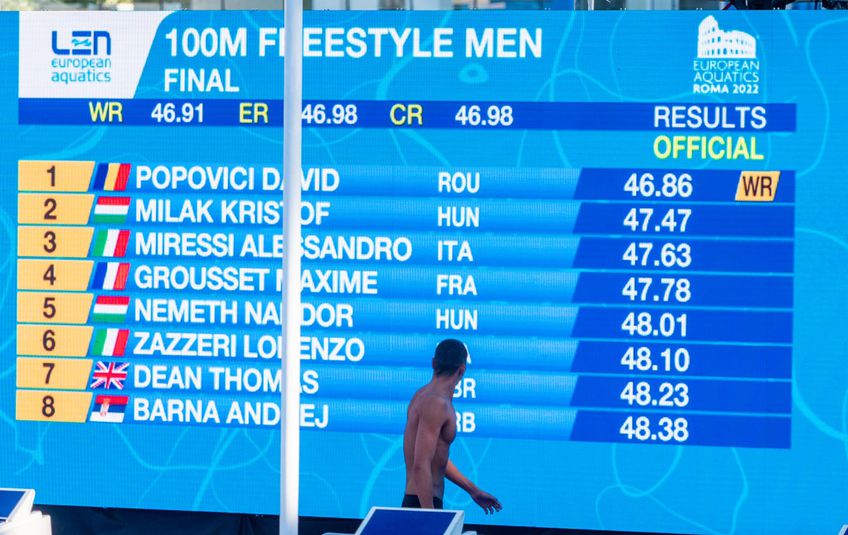 David Popovici (17 ani) a cucerit medalia de aur în proba de 100 de metri liber la Campionatele Europene de la Roma. Românul a stabilit un nou record mondial, cu timpul de 46,86 secunde. FOTO: Raed Krishan (GSP.ro)