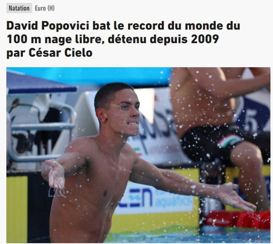 Întreaga planetă e la picioarele lui David Popovici » Materiale istorice pe L'Equipe, Marca și Gazzetta dello Sport: „De pe altă planetă, nu poate să fie om!”