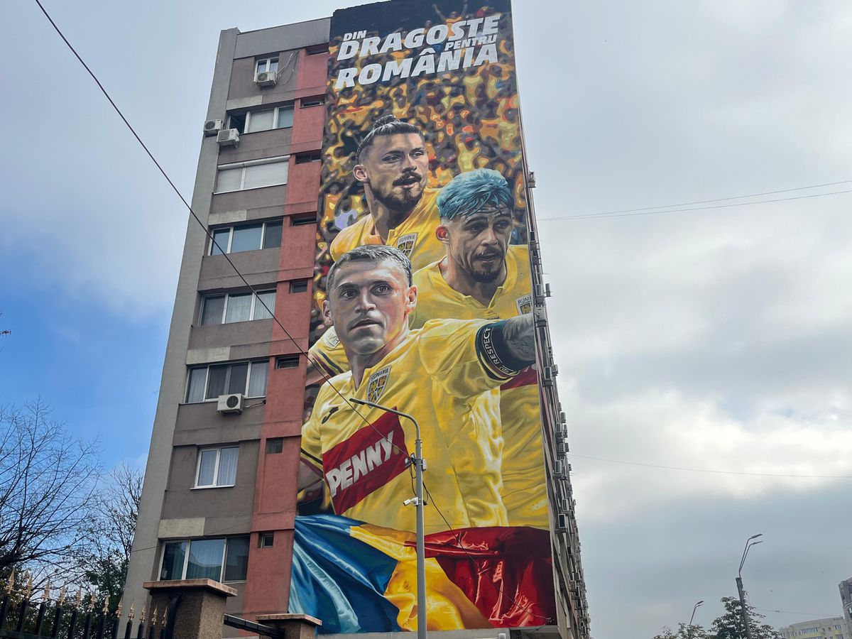 Pictura imensă cu cei 3 „tricolori” a fost dezvăluită pe un bloc din Sectorul 2 » Reacția lui Radu Drăgușin, venit la fața locului