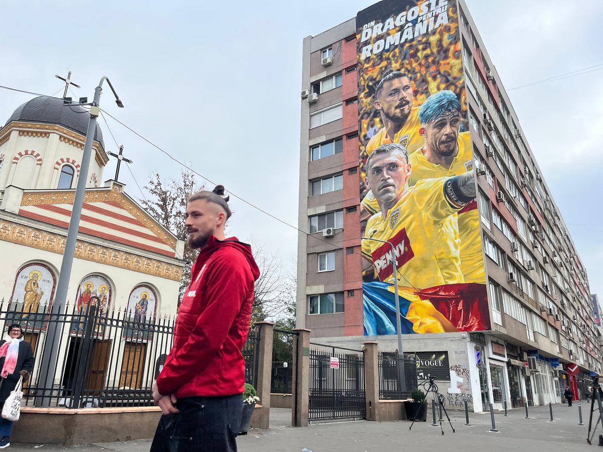 Pictura imensă cu cei 3 „tricolori” a fost dezvăluită pe un bloc din Sectorul 2 » Reacția lui Radu Drăgușin, venit la fața locului