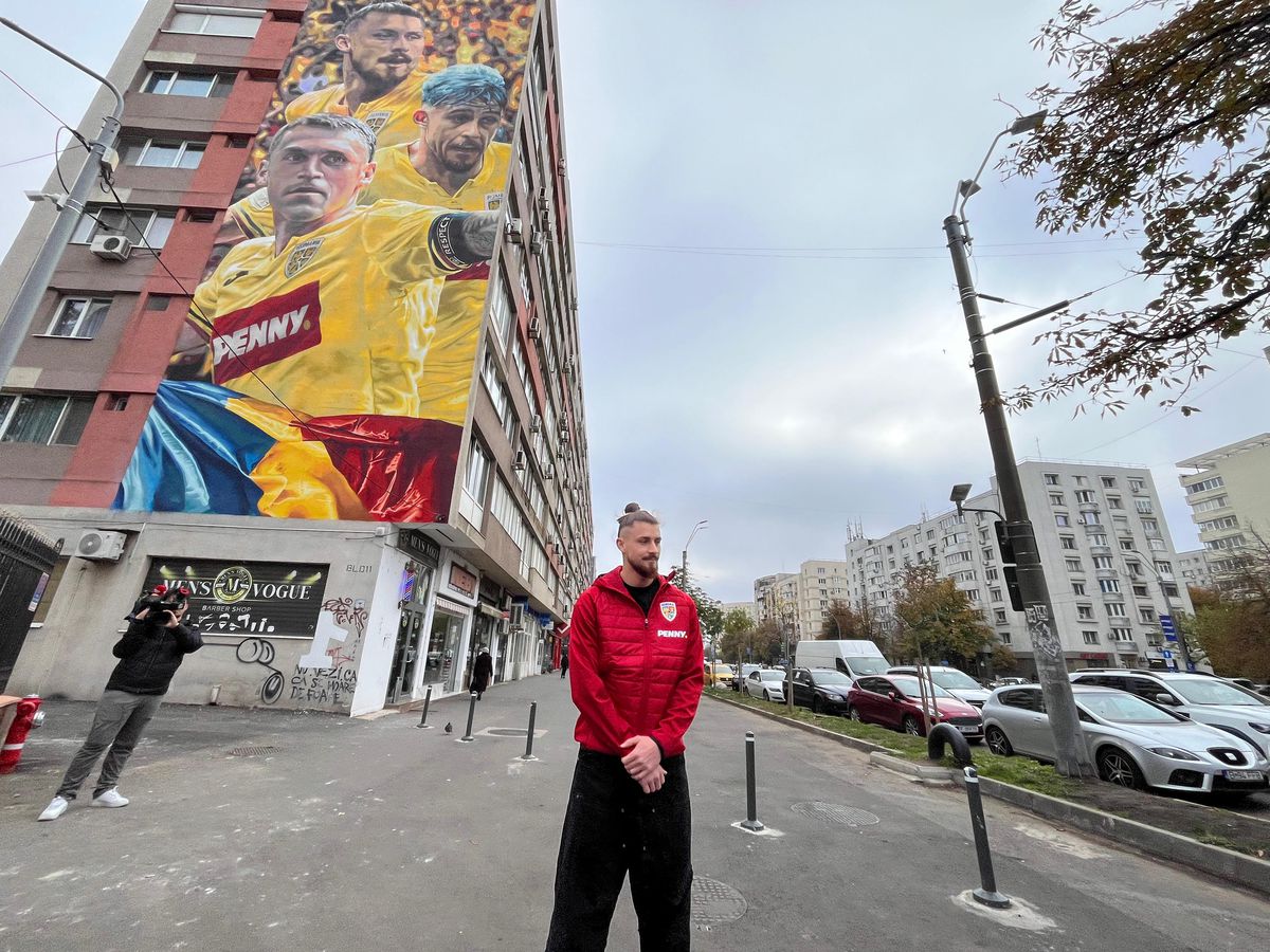 Pictura imensă cu cei 3 „tricolori” a fost dezvăluită pe un bloc din Sectorul 2 » Reacția lui Radu Drăgușin, venit la fața locului