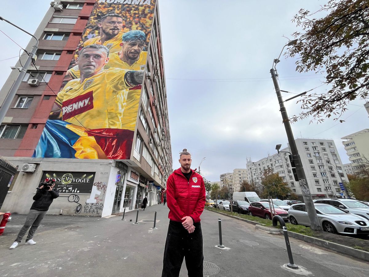 Pictura imensă cu cei 3 „tricolori” a fost dezvăluită pe un bloc din Sectorul 2 » Reacția lui Radu Drăgușin, venit la fața locului