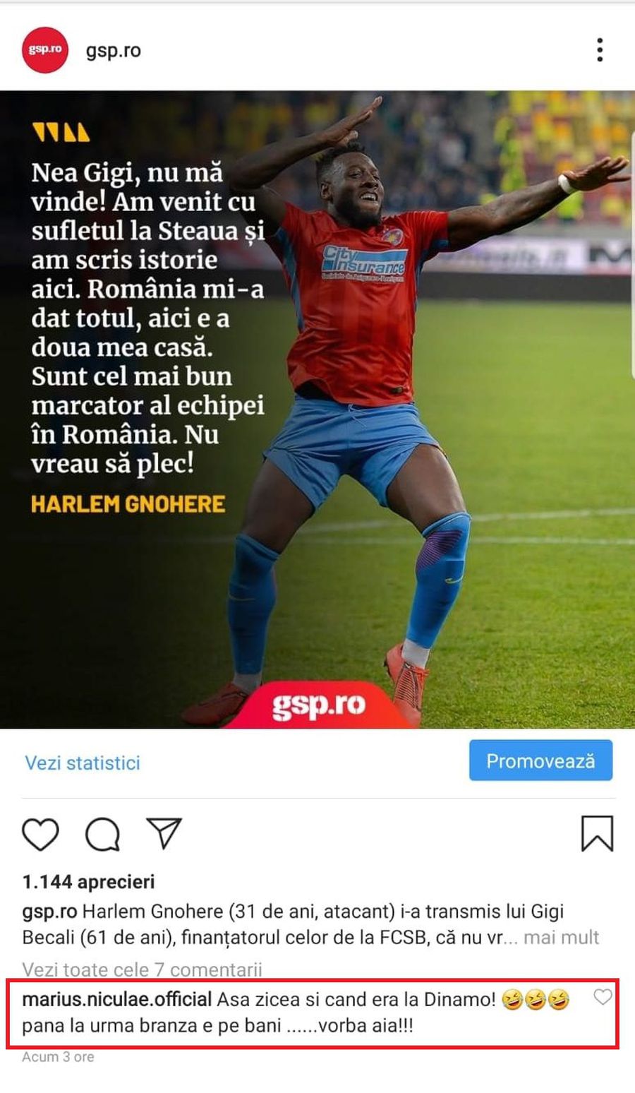Marius Niculae, reacție amuzantă pe contul de Instagram al Gazetei: „Gnohere zicea asta și când era la Dinamo. Până la urmă, brânza e pe bani”