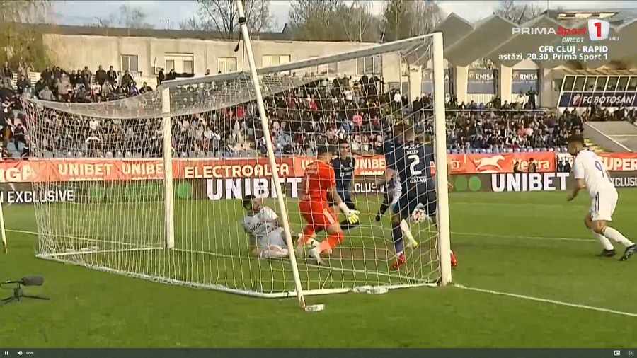 Golul lui Petro a fost anulat din cauza unui ofsaid, foto: captură Prima Sport Final dramatic în Botoșani - Oțelul » Gălățenii, victorie chinuită, cu om în plus 80 de minute
