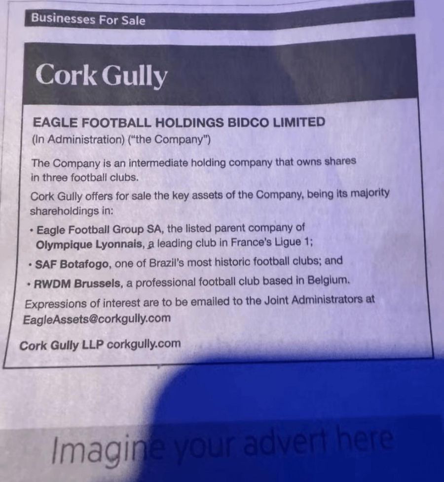 Anunțul din ziarul Financial Times Unul dintre cele mai importante cluburi din Franța, scos la vânzare într-un anunț dintr-un ziar