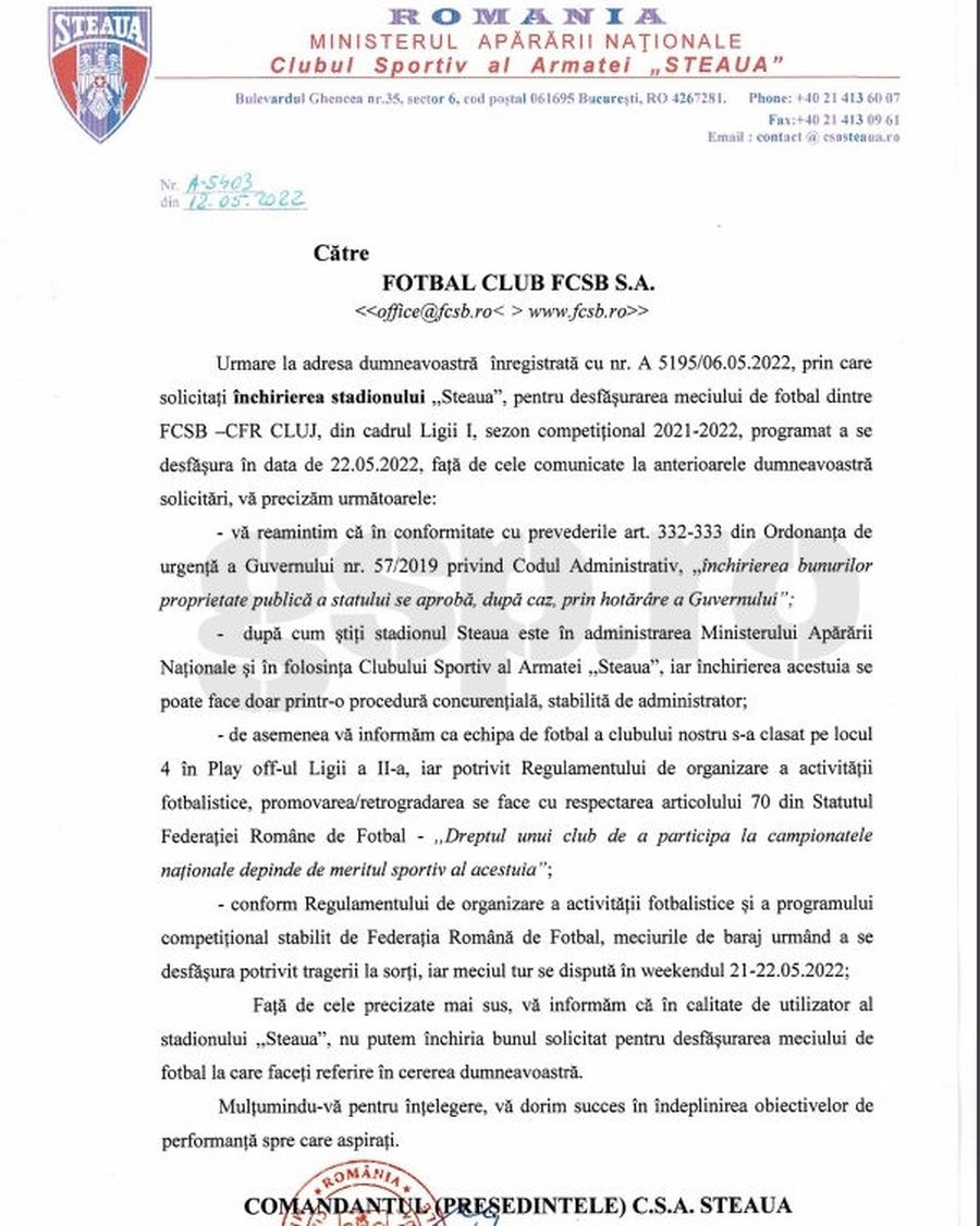 Avem răspunsul trimis de CSA Steaua către FCSB » Motivul comic invocat pentru a interzice echipa lui Becali pe stadionul Ghencea