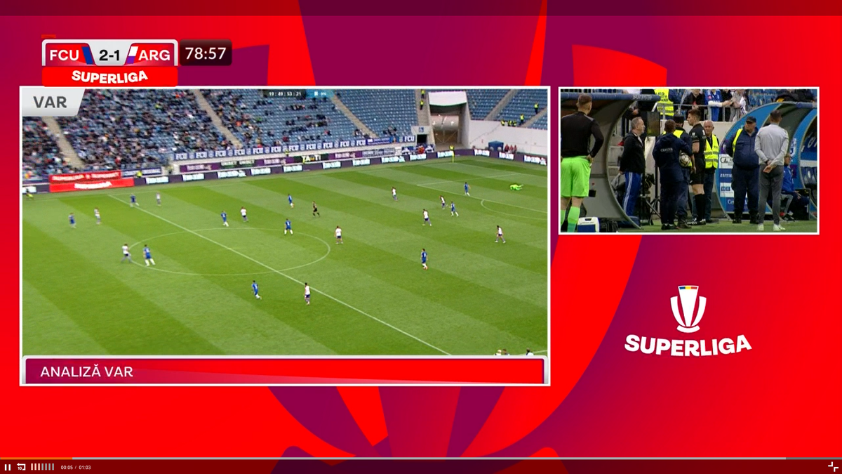 Fază confuză în FCU Craiova - Argeș » Cartonaș roșu anulat după consultarea VAR