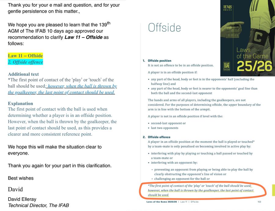 Documentul prin care IFAB răspunde sesizării făcute de Torns IF / Foto: X Un club de liga a treia schimbă o lege a fotbalului! » IFAB admite scăparea, actualizând rapid textul regulii