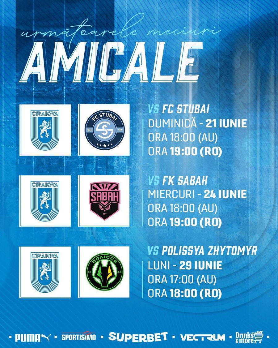 Programul amicalelor Universității Craiova // Sursă foto: Facebook @Universitatea Craiova Universitatea Craiova și-a stabilit programul din Austria! Campioana României va întâlni o campioană și o echipă de top din Ucraina