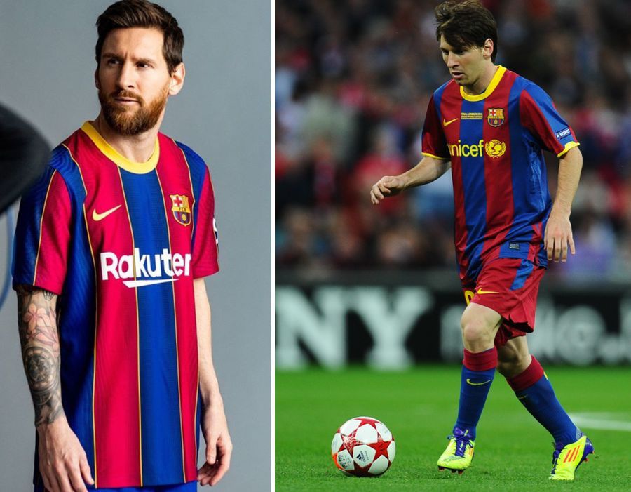 Lionel Messi, purtând tricoul din sezonul 2020/2021 (stânga), respectiv 2010/2011 (dreapta)