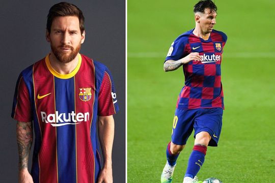 Lionel Messi, purtând tricoul Barcelonei din sezonul viitor (stânga) și actual (dreapta)