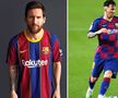 Lionel Messi, purtând tricoul Barcelonei din sezonul viitor (stânga) și actual (dreapta)