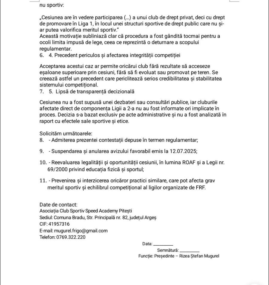 A doua parte a contestației Începe scandalul în jurul cesiunii locului din Liga 2 de către Unirea Ungheni către ASA Târgu Mureș » A fost depusă prima contestație: „Unde mai este meritul sportiv în toată povestea asta?”
