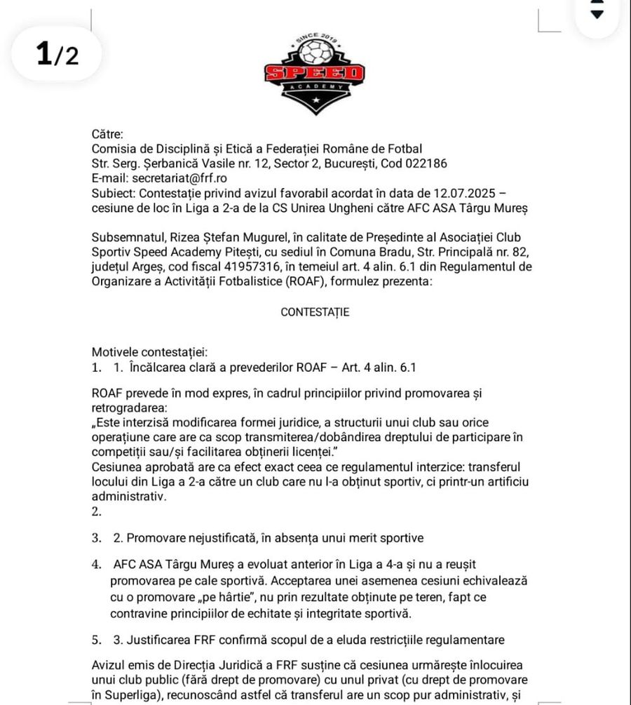 Începe scandalul în jurul cesiunii locului din Liga 2 de către Unirea Ungheni către ASA Târgu Mureș » A fost depusă prima contestație: „Unde mai este meritul sportiv în toată povestea asta?”