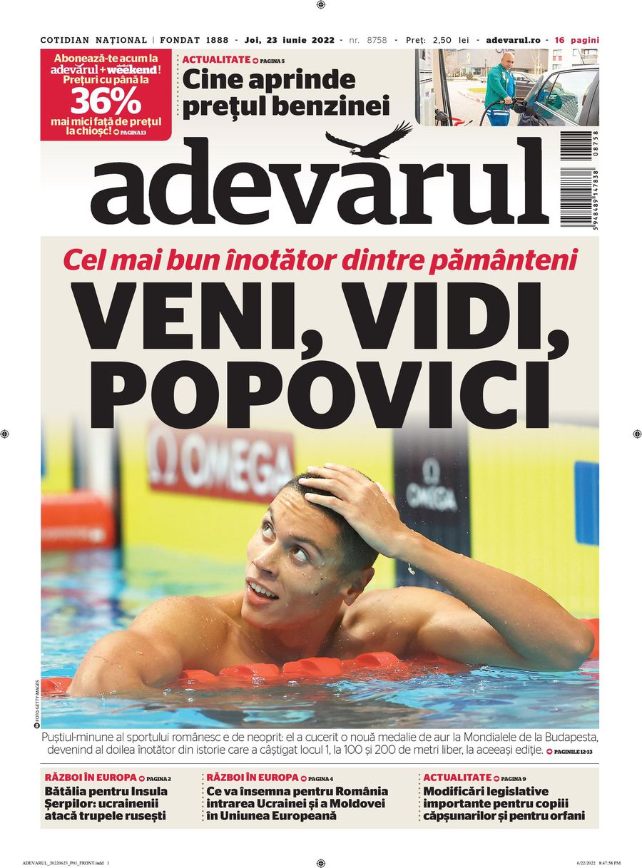 Titlul din ziarul Adevărul Veni, Vidi, Popovici