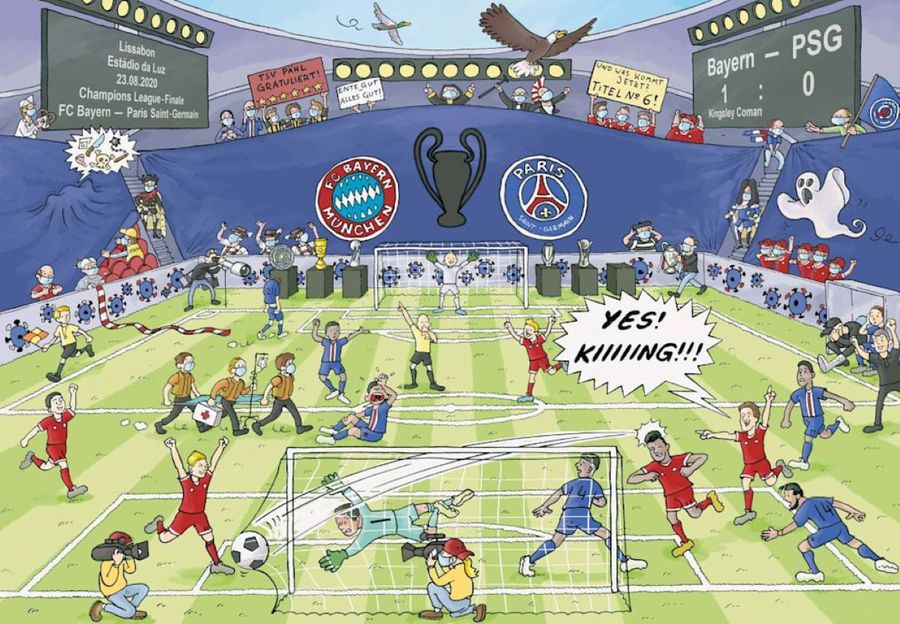 Ilustrație de la finala Ligii 2020, câștigată de Bayern cu 1-0 în fața lui PSG Thomas Muller se amuză pe seama lui Messi și Neymar în cartea lui pentru copii