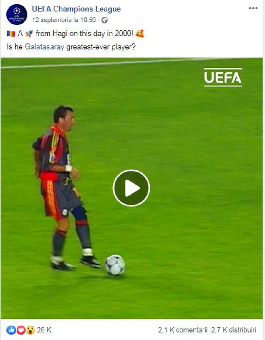 VIDEO Gică Hagi, viral pe pagina de Facebook a UEFA Champions League! 26.000 de like-uri pentru un supergol: „E printre cei mai buni din lume!”