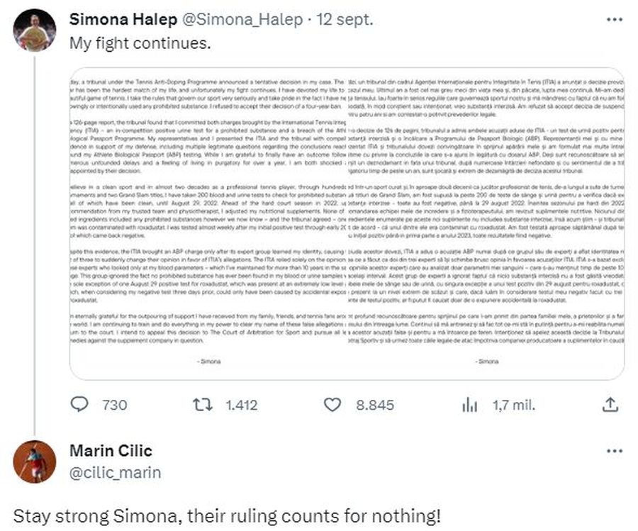 Reacția fostului câștigător de Grand Slam suspendat pentru dopaj: „Simona, verdictul lor nu înseamnă nimic!”