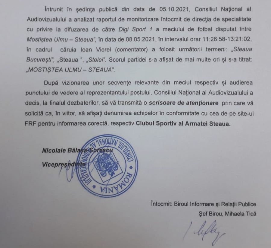 CNA, solicitare în cazul televiziunii Digi Sport: „Nu îi mai spuneți Steaua echipei din Liga 2” » Talpan atacă: „Eronat, abuziv!”