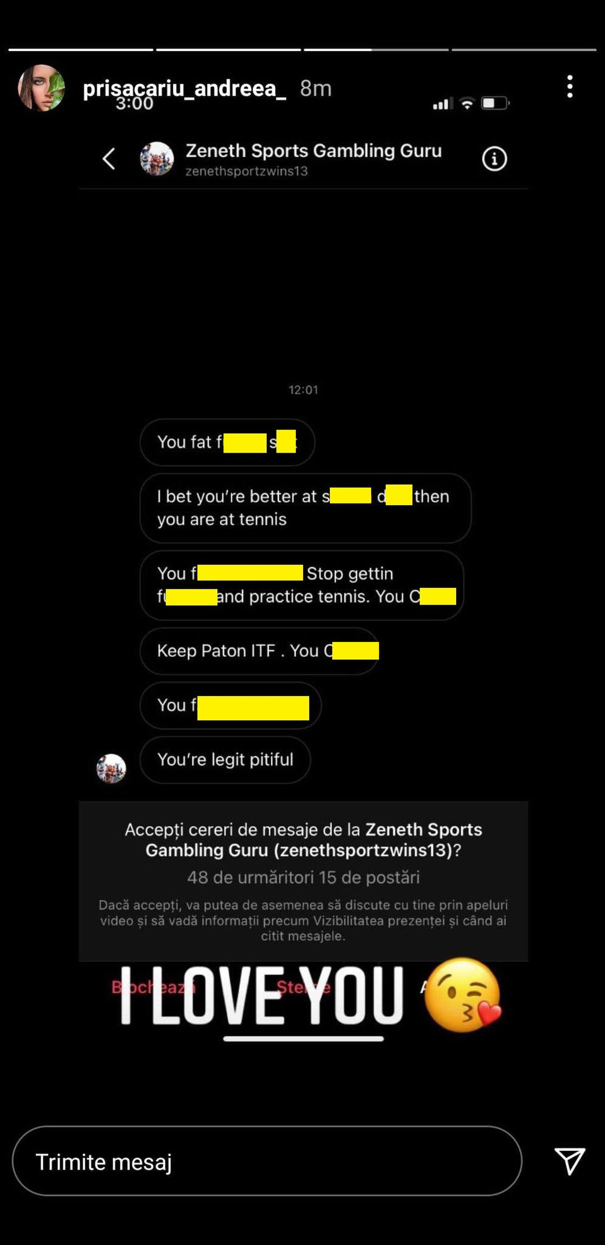 FOTO Amenințări și înjurături primite de Andreea Prisăcariu, după eșecul suferit în Antalya: „Blatisto! Toți românii sunteți așa. Sper să te omoare coronavirusul”