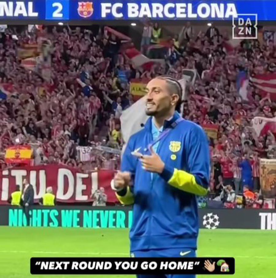 Raphinha a vrut să fie ironic cu fanii lui Atletico, cu mesajul „mergeți și voi acasă în turul următor” / Foto: X Coșmarul Barcelonei contraatacă: „Nebunie să acuzi un jaf. Parcă n-ar fi primit 8 penalty-uri!”
