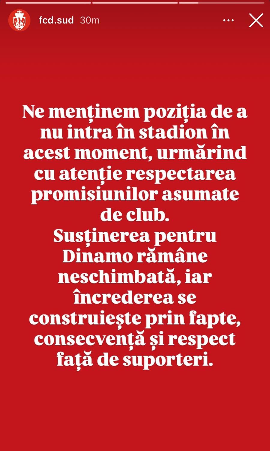 Mesaj Peluza Sud Dinamo Înainte de meciul cu CFR Cluj, galeria lui Dinamo a luat decizia